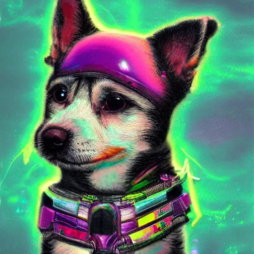 Image similar to Highly detailed pastel painting of a chibi puppy, detailed cyberpunk glitchcore synthwave art, trending on ArtStation