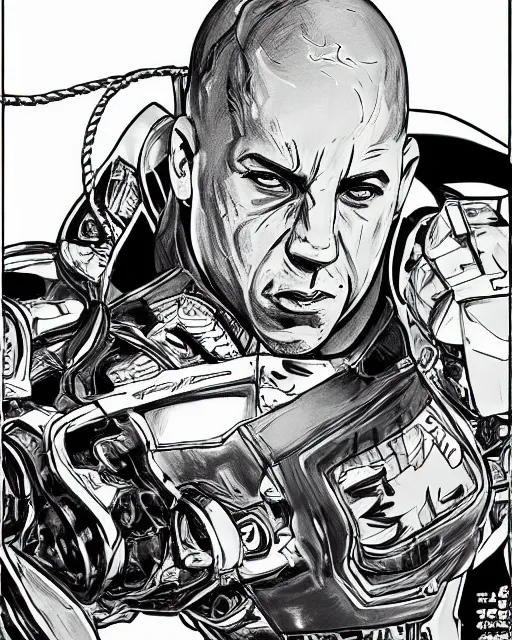 Image similar to Digital color pen drawing of Vin Diesel from JoJo\'s Bizzare Adventure with a humanoid robot standing in the background, highly detailed, sharp focus, screentone shading, 1990 manga panel, trending on ArtStation, manga cover art drawn by Hirohiko Araki
