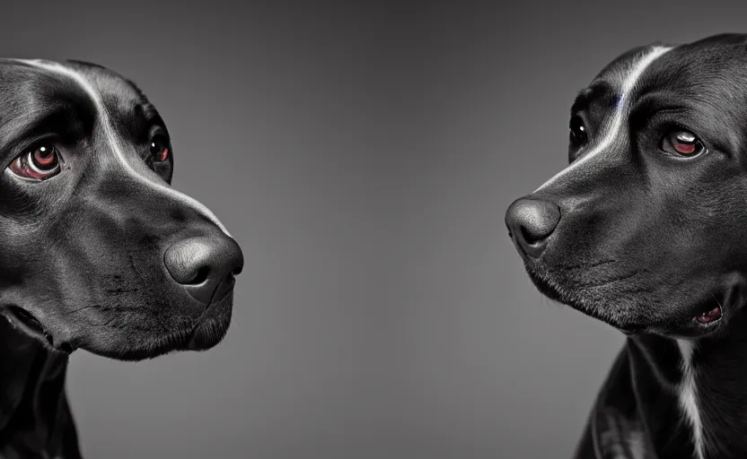 Image similar to studio photography of a dog, detailed face, hyper realistic, cinematic lighting, dark atmosphere, 8 k