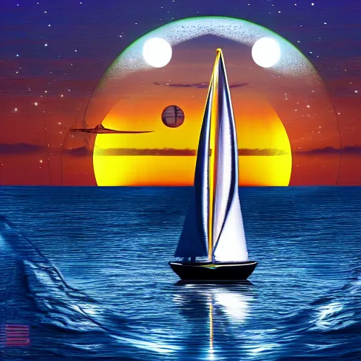 Prompt: hyper intelligent alien sailors in sailboat on open sea sunrise hopeful hd digital