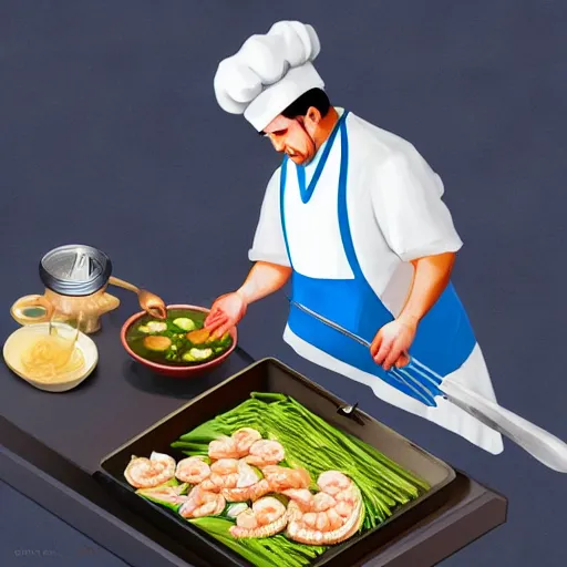 Prompt: A shrimp chef preparing a dish of rice, digital art, detailed