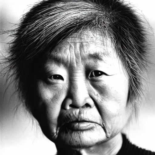 Prompt: photo of Mui Yim Fong by Diane Arbus, extreme closeup, black and white, high contrast, Rolleiflex, 55mm f/4 lens