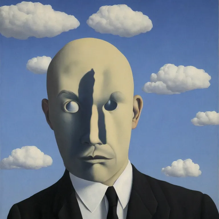 Image similar to portrait of a faceless shadow - head man in a suit, clouds in the background, by rene magritte, detailed painting, distance, middle centered, hd, hq, high resolution, high detail, 4 k, 8 k