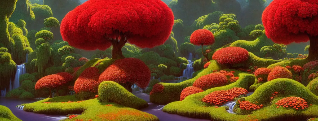 Image similar to a gorgeous very early spring series of lush islands separated by flower - lined streams, twisted gardens, flowers, fern fronds, all red, painting by barlowe wayne maxfield parrish and marco mazzoni. tree no leaf!!!! china mountain village!! very little light verdancy. ultra clear detailed. 3 d, octane render