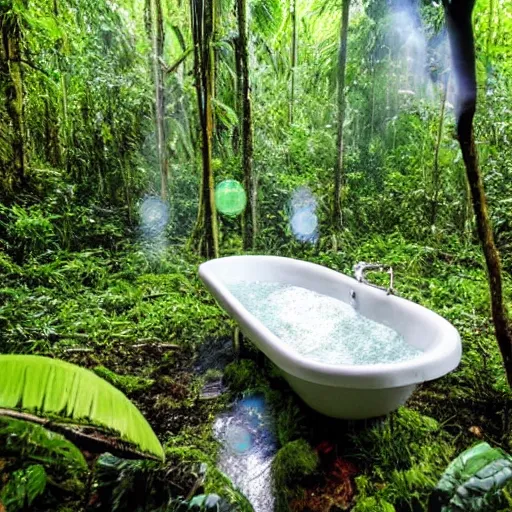 Image similar to pristine bath filled with bubbles in a clearfelled jungle, deforestation, slash and burn