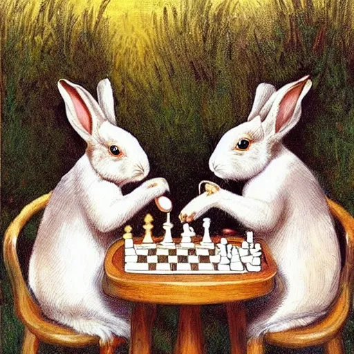 Image similar to rabbits drinking tea and playing chess. Painting of rabbits in sweaters by James Gurney (charming illustration of two cute rabbit gentlemen).