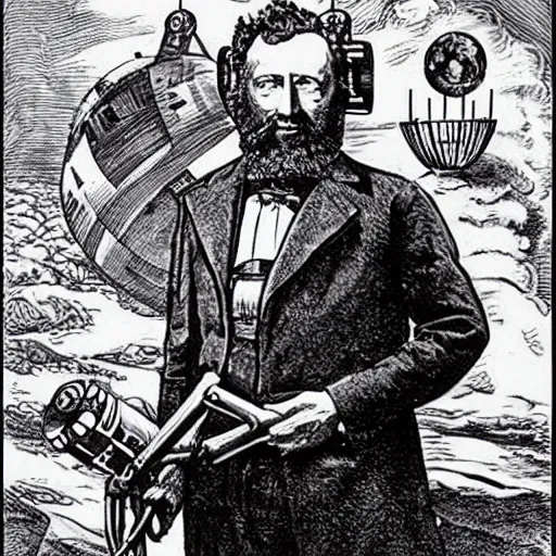 Prompt: jules verne in the position of drawing star wars spaceships