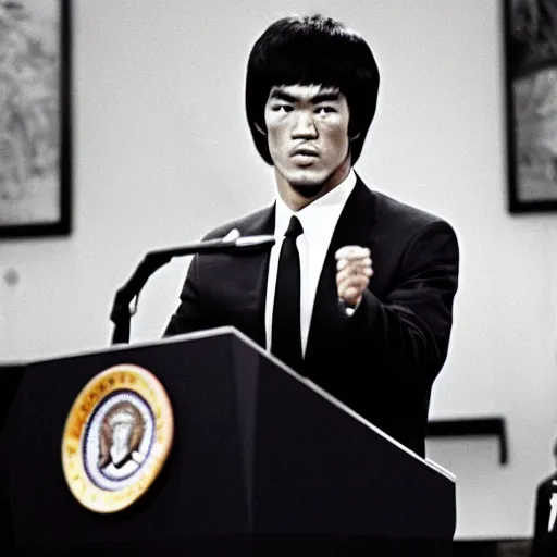 Image similar to bruce lee is president of the united states, wearing a suit, giving a speech, podium, bruce lee, state of the union, congress watching