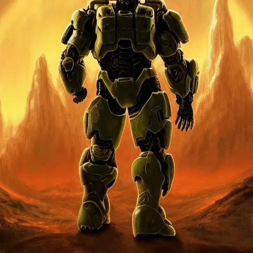 Image similar to doom guy from doom eternal in the halo universe, artstation hall of fame gallery, editors choice, #1 digital painting of all time, most beautiful image ever created, emotionally evocative, greatest art ever made, lifetime achievement magnum opus masterpiece, the most amazing breathtaking image with the deepest message ever painted, a thing of beauty beyond imagination or words, 4k, highly detailed, cinematic lighting