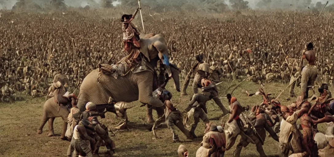 Prompt: a ultra high resolution of the elephant duel of beautiful young warlords who fight on the back of their decorative war elephants in crowd of battlefield, high quality realistic, a colorized photo, colorized, # film, movie still