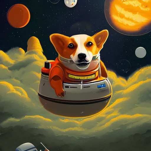 Prompt: a corgi astronaut floating in outer space, detailed digital painting, simon stalenhag, beautiful, nostalgic