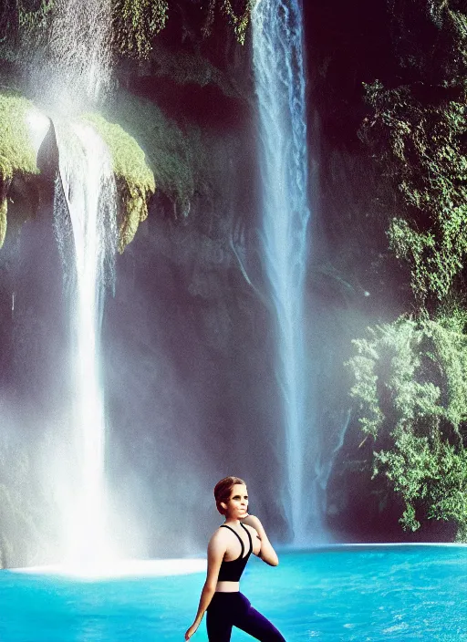 Prompt: portrait photograph of emma watson standing in a yoga pose wearing translucent clothes standing underneath a waterfall, natural light, photoreal, shot by David LaChapelle