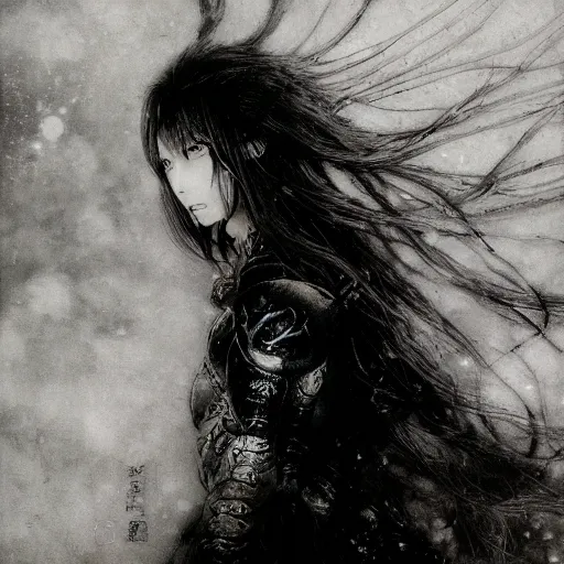 Image similar to yoshitaka amano blurred and dreamy grainy photo of an anime girl with black eyes, wavy white hair and cracks on her face near eyes wearing elden ring armour with the cape fluttering in the wind, abstract black and white patterns on the background, noisy film grain effect, highly detailed, renaissance oil painting, weird portrait angle