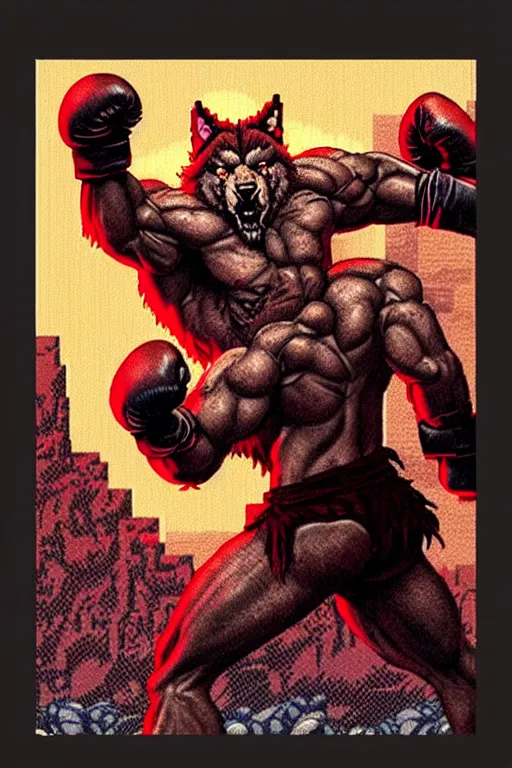 Image similar to extreme long shot. 8 bit nes graphics. antropomorphic muscular masculine wolf. kickboxer fighter, in shorts. wolf head. angry. fine details, very sharp, art from nes game cartridge, 8 0's, vhs artefacts, vaporwave style, marc simonetti and hermann nitsch and anish kapoor.