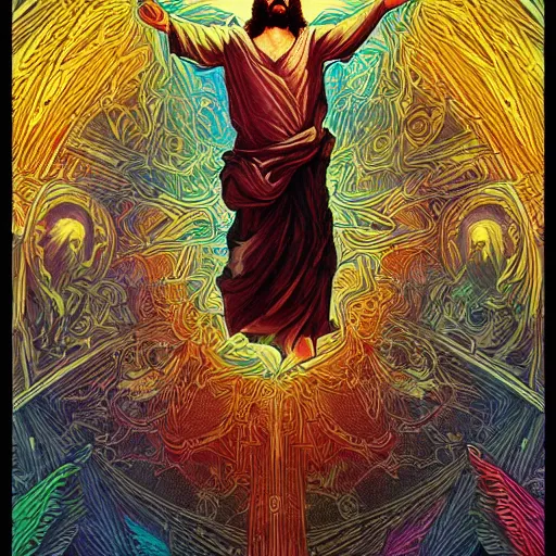 Image similar to the transfiguration of jesus christ, an ultrafine detailed illustration by james jean, intricate linework, bright colors, final fantasy, behance contest winner, vanitas, angular, altermodern, unreal engine 5 highly rendered, global illumination, radiant light, detailed and intricate environment