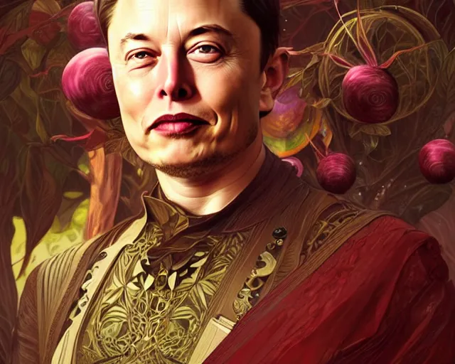 Prompt: elon musk as a beets, deep focus, d & d, fantasy, intricate, elegant, highly detailed, digital painting, artstation, concept art, matte, sharp, illustration, art by artgerm and greg rutkowski and alphonse mucha