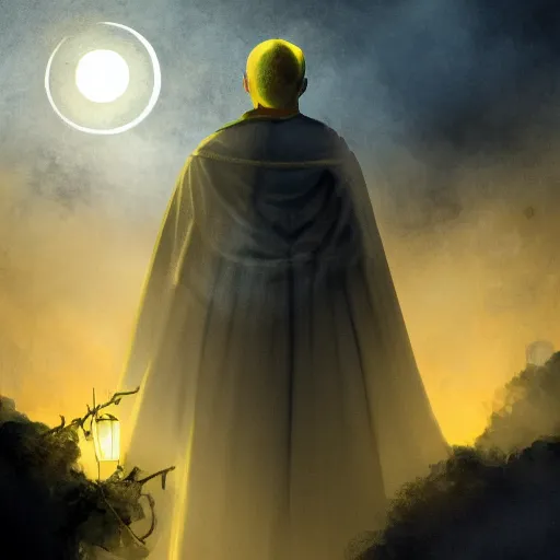 Prompt: A terrified catholic priest in his twenties at the top of a medieval tower watches as an ominous yellow shadow descends upon him from the night sky. He is een from above fervently praying. Dramatic lighting. Award-winning digital art, trending on ArtStation