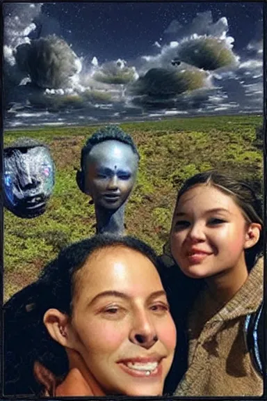 Image similar to “ our humanoid descendants in the year 2 2 0 0 taking a selfie on their sci - fi planet, award - winning details ”