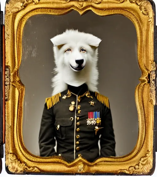 Image similar to professional studio photo portrait of anthro anthropomorphic albino german shepard head animal person fursona serious wearing elaborate military general uniform clothes degraded medium by Louis Daguerre daguerreotype tintype