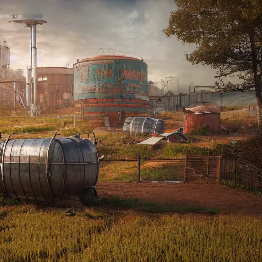 Image similar to fully detailed landscape of a cyberpunk farm , watertank, futuristic tractors, farmhouse, mushroom, overgrowth, Ai , in the future, high quality, 8k , octane render