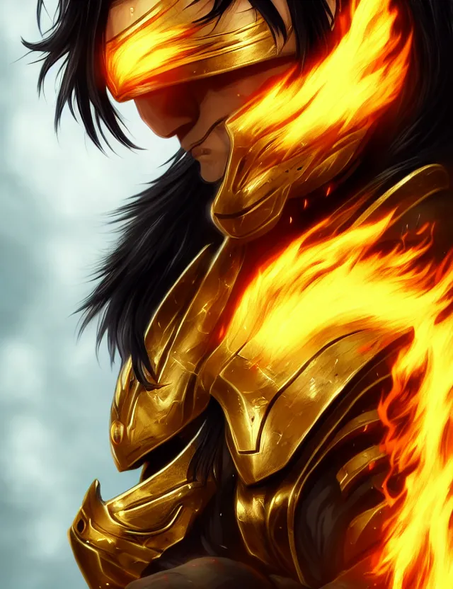 Image similar to a detailed manga portrait of a black haired man with hazel eyes in gleaming golden armour that burns with golden fire, trending on artstation, digital art, 4 k resolution, detailed, high quality, sharp focus, hq artwork, coherent, insane detail, character portrait