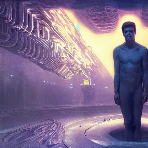 Image similar to cinematic still of tom cruise, timemachine!!, neon, they are watching, RGB, glowing wires everywhere, pristine, by Edgar Maxence and Ross Tran, Zdzisław Beksiński, and Michael Whelan, distant, gustav dore, H.R. Giger, 8k, octane render, closeup