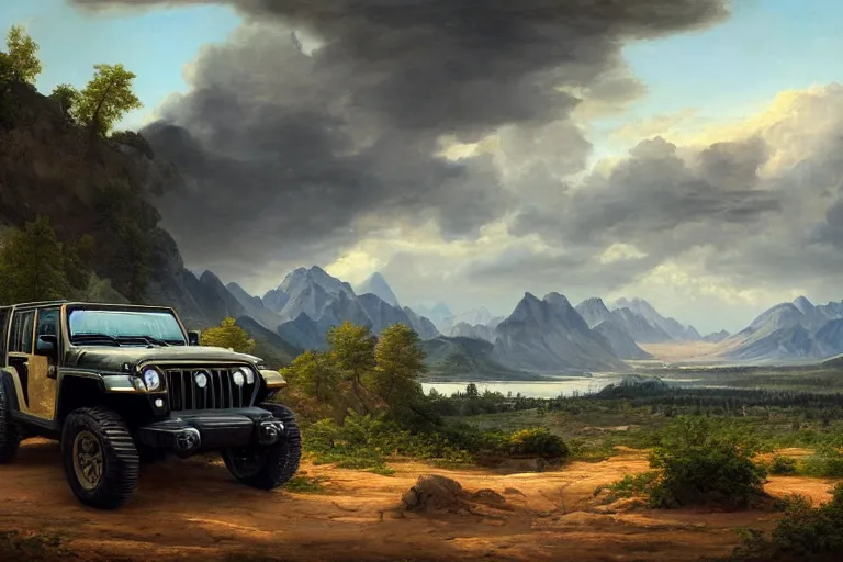 Prompt: a futurisitic well designed car by jeep and honda and lamborghini and boeing, military, mountains in the distance, day, summer, painting by asher brown durand and star wars movie, ultra mega detailed, beautiful realistic photo, professional photography, perfect