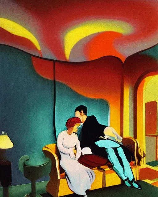 Image similar to old dead couple sitting on a couch and a person inside a large aquarium with clouds at red and yellow art deco interior room in the style of Francis Bacon and Syd Mead, open ceiling, highly detailed, painted by Francis Bacon and Edward Hopper, painted by James Gilleard, surrealism, airbrush, very coherent, triadic color scheme, art by Takato Yamamoto and James Jean