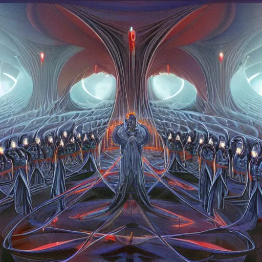 Image similar to a quantum computer, a dark cabal of hooded mystics in long robes gathered in a circular formation around a highly advanced quantum computer processing the spirits of the dead, epic scifi art, dan seagrave art, michael whelan