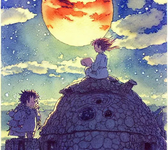 Image similar to hyperrealist studio ghibli watercolor fantasy concept art of an immense ufo from howl's moving castle sitting on stonehenge like a stool. it is a misty starry night. by rebecca guay, michael kaluta, charles vess