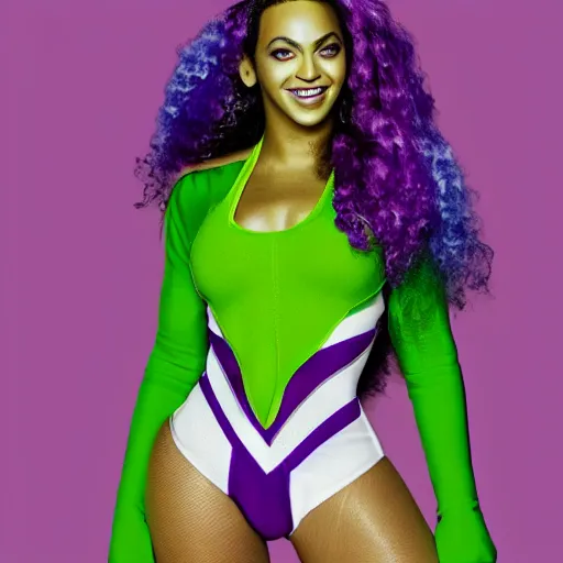 Prompt: Singer Beyoncé as the She-Hulk with green skin and dark green hair, wearing a white leotard with two purple vertical stripes, green skinned, wearing purple and white fingerless gloves, wearing purple and white sneakers, mini skirt, smiling, detailed legs, hyperreal, surreal, bokeh, tilt shift photography, green arms, green legs, green face,