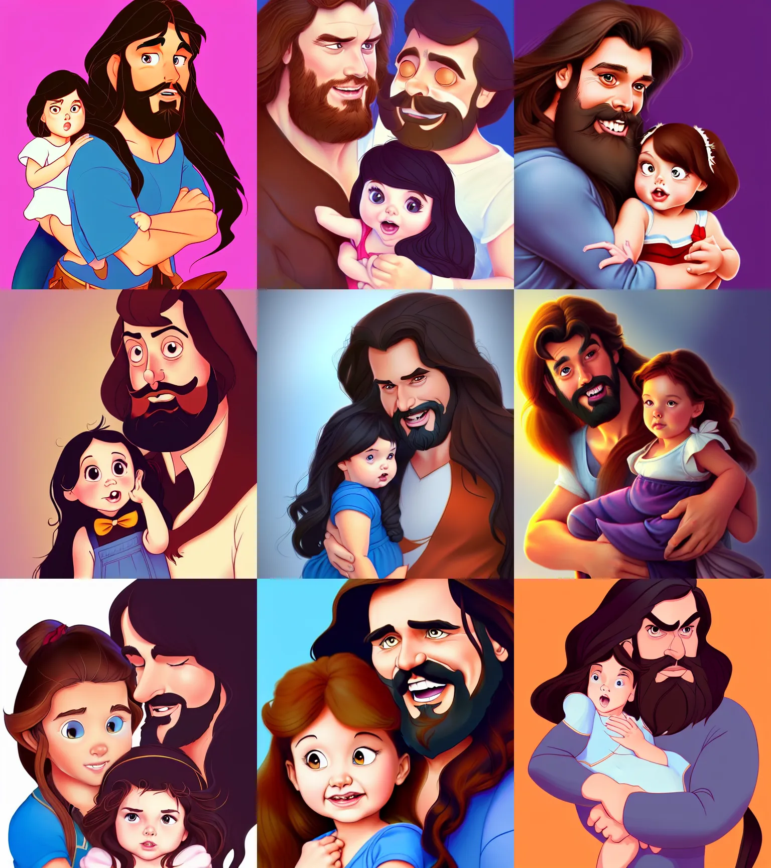 Image similar to a long - haired bearded father and his brunette child toddler girl full color digital illustration in the style of don bluth, artgerm, artstation trending, 4 k