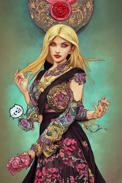 Image similar to Death tarot card design portraying Hello Kitty in ancient Java style, D&D, MtG art,fantasy, intricate, elegant, highly detailed, digital painting, artstation, concept art, smooth, sharp focus, hyperrealistic,illustration, art by artgerm and greg rutkowski and alphonse mucha