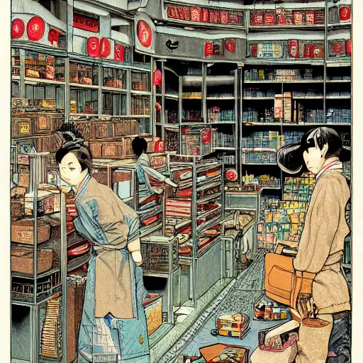 Image similar to japanese merchant in their shop, Industrial Scifi, detailed illustration, character design, by Martin Grip and Moebius