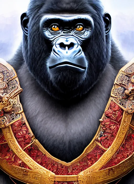 Prompt: stunning gorillas warrior side portrait, full traditional chinese armor, art by artgerm, wlop, loish, ilya kuvshinov, tony sandoval. 8 k realistic, hyperdetailed, beautiful lighting, detailed background, depth of field, symmetrical face