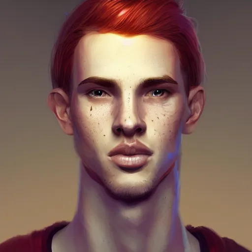 Image similar to portrait of a thin young man with long red hair, ponytail, a lot of freckles on his face, intricate, elegant, glowing lights, highly detailed, digital painting, artstation, concept art, smooth, sharp focus, illustration