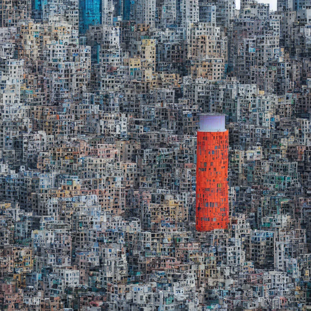 Prompt: a circular tower, made up of colourful makeshift squatter shacks in city downtown, dystopia, sony a 7 r 3, f 1 1, fully frontal view, ultra detailed, photographed by hiroshi sugimoto and,