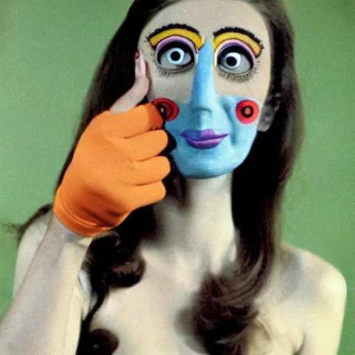 Image similar to 1970 woman on tv show with a long prosthetic nose, prosthetic eyeballs, wearing a dress on the hillside 1970 color archival footage color film 16mm holding a hand puppet Fellini Almodovar John Waters Russ Meyer Doris Wishman