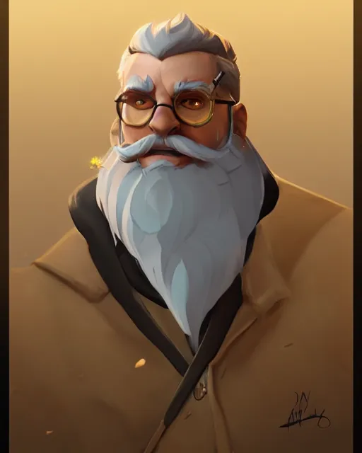 Image similar to overwatch concept art character portrait of a new character who is an elderly man with a long curly blue beard and spectacles, trending on artstation, cgsociety,