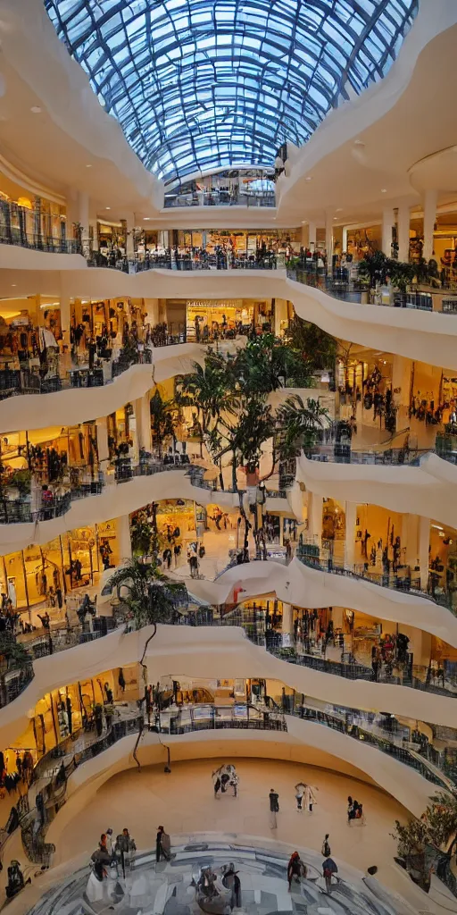 Image similar to interior of the luxery shopping mall in the rainforest river city in the negev desert