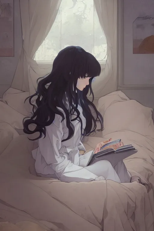 Image similar to a digital painting of a girl in a jk uniform outfit in the bedroom reading a book in a night, raining outside the window, dark and grey theme ， wavy white long hair, by krenz cushart and mucha and akihito yoshida and greg rutkowski and makoto shinkai, detailed eyes, 4 k resolution 、 trending on art station