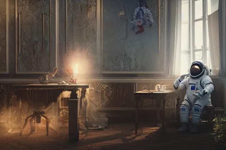 Image similar to a single cosmonaut in a spacesuit drinks a steaming cup of tea at an old wooden desk in a richly decorated Victorian house. the autumn light comes in through a window and dimly illuminates the room, diffuse light, octane render