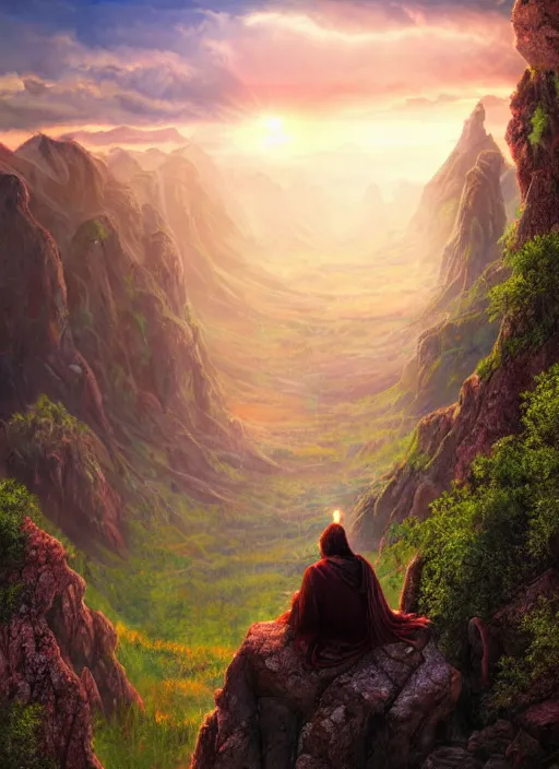 Prompt: an shaman sitting at the top of a cliff, looking down at the valley, doing a vision quest, beautiful sunset, dramatic lighting, fantasy art, smooth matte painting