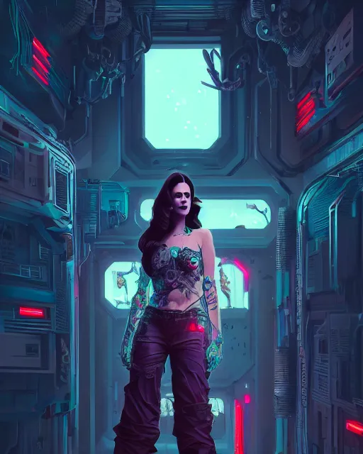 Image similar to portrait of lana del rey as a cyberpunk cyborg. roses, sci - fi, missing panels, intricate abstract, upper body, intricate artwork, by tooth wu, wlop, beeple, dan mumford. concept art, 8 k octane render, deviantart, greg rutkowski, cinematic, key art, hyperrealism, iridescent accents