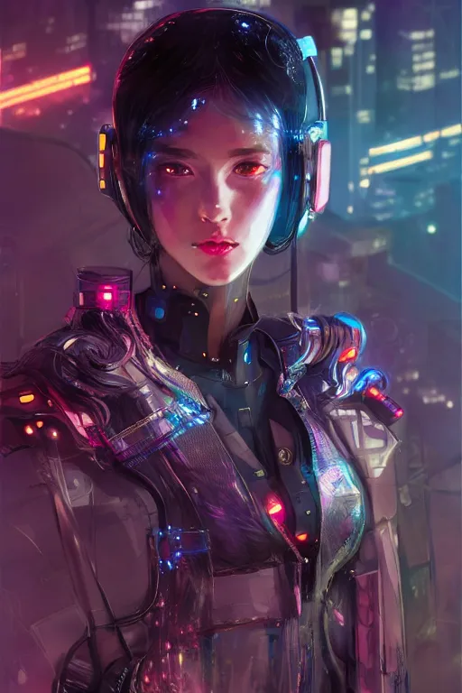 Image similar to portrait futuristic Cyber warrior Girl, in future cyberpunk tokyo rooftop , ssci-fi, fantasy, intricate, very very beautiful, elegant, neon light, highly detailed, digital painting, artstation, concept art, smooth, sharp focus, illustration, art by tian zi and WLOP and alphonse mucha