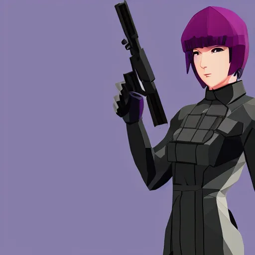 Prompt: Anime Major motoko kusanagi in all black uniform wielding a rifle, low poly