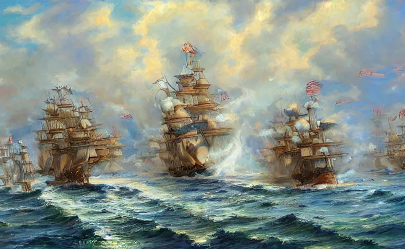 Image similar to Epic naval battle. By Konstantin Razumov, highly detailded