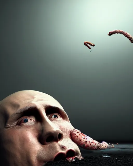 Prompt: hyper-realistic image of Putin shot dead in front of a bunker, scary, weird, surprising, worms on face, sharp focus, cinematic lighting, illustration, art, octane render