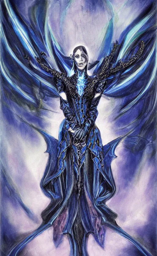 Image similar to Gothic princess in dark and blue dragon armor. By El Greco, fractal flame, highly detailded