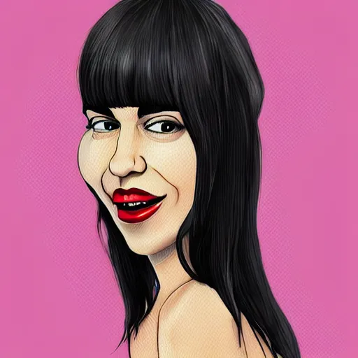 Image similar to caricature of dua lipa, professional, digital art, silly, straight hair